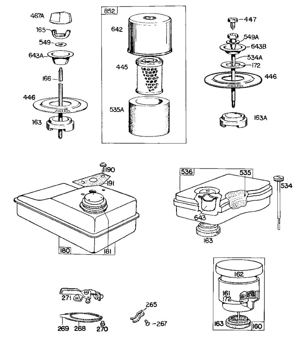 Air Cleaner Grp, Fuel Grp Diagram and Parts List for 60111-0165-XX  Briggs and Stratton Engine